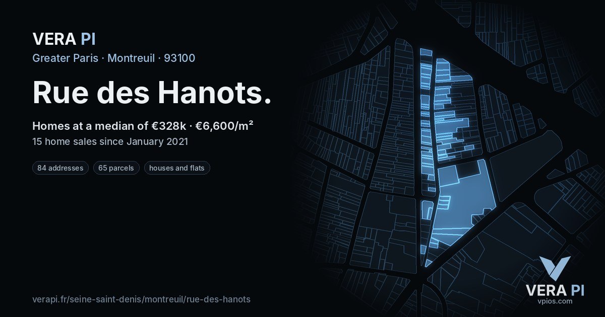 Rue des Hanots, Montreuil at night – every parcel coloured by the prices around it, the street's own parcels lit