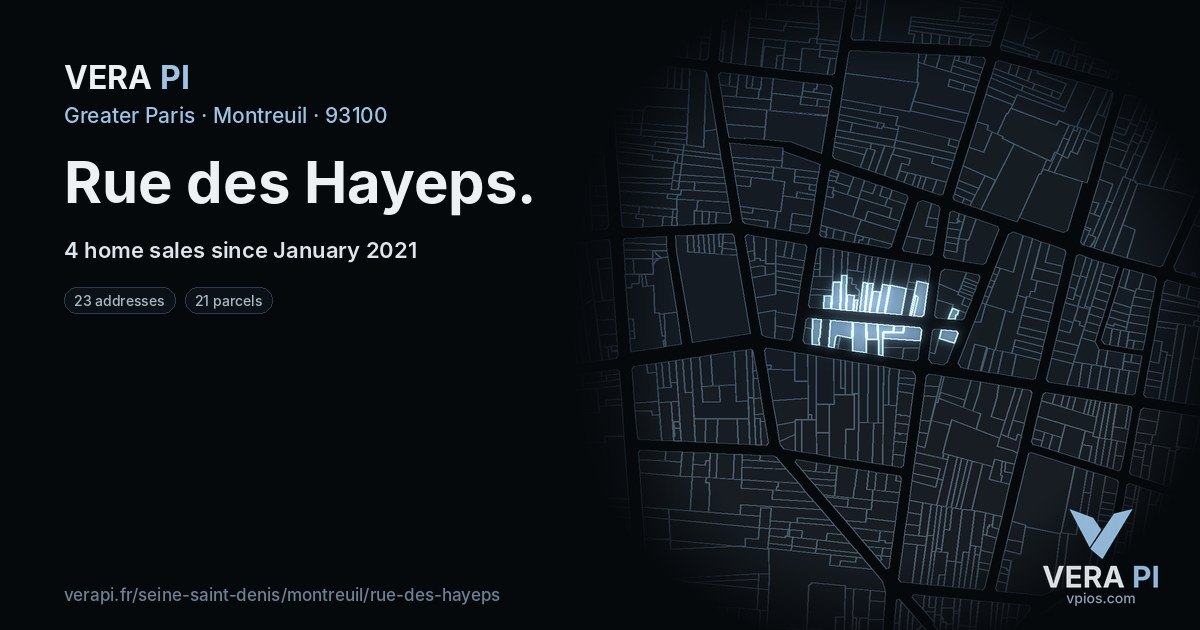 Rue des Hayeps, Montreuil at night – every parcel coloured by the prices around it, the street's own parcels lit