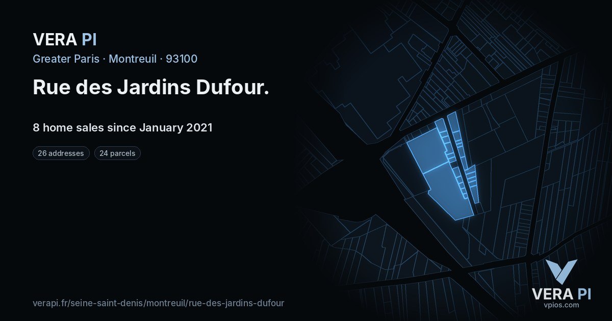 Rue des Jardins Dufour, Montreuil at night – every parcel coloured by the prices around it, the street's own parcels lit