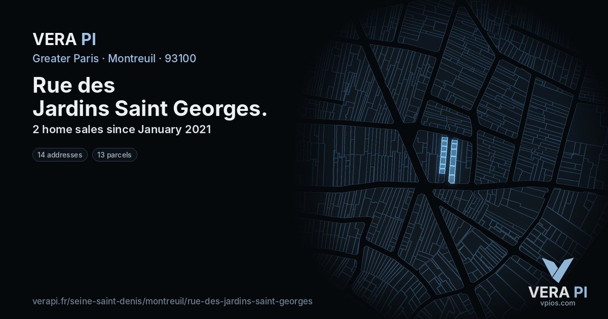 Rue des Jardins Saint Georges, Montreuil at night – every parcel coloured by the prices around it, the street's own parcels lit