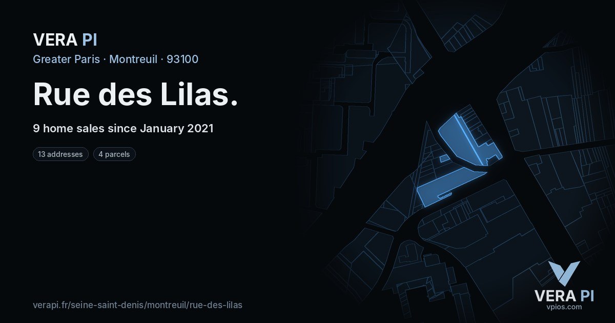 Rue des Lilas, Montreuil at night – every parcel coloured by the prices around it, the street's own parcels lit