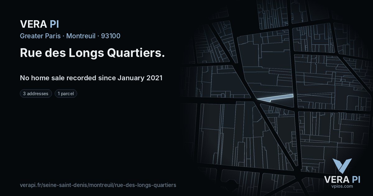 Rue des Longs Quartiers, Montreuil at night – every parcel coloured by the prices around it, the street's own parcels lit