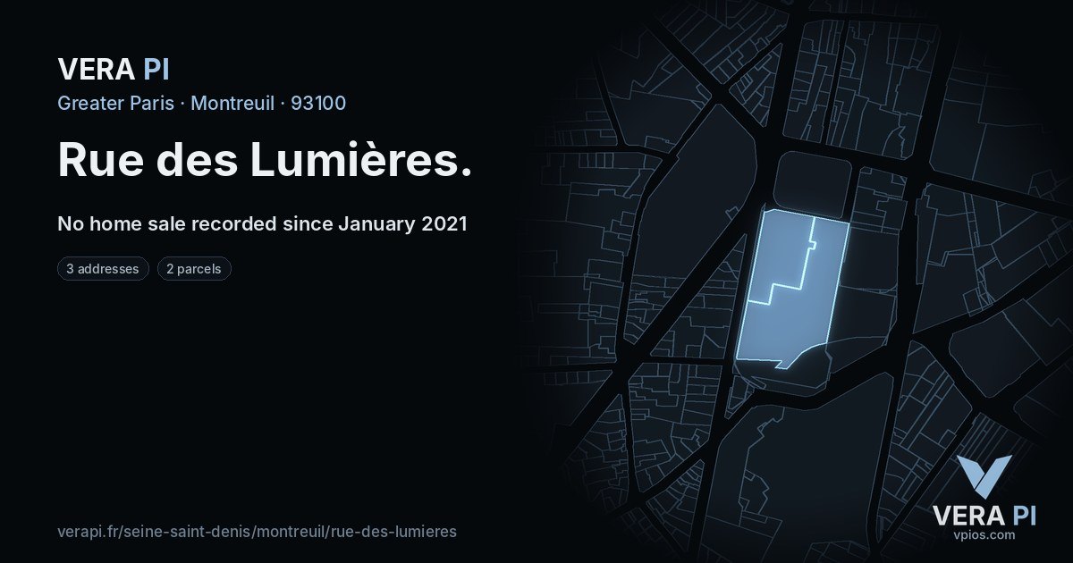 Rue des Lumières, Montreuil at night – every parcel coloured by the prices around it, the street's own parcels lit