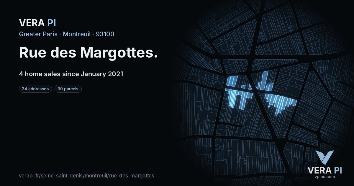 Rue des Margottes, Montreuil at night – every parcel coloured by the prices around it, the street's own parcels lit