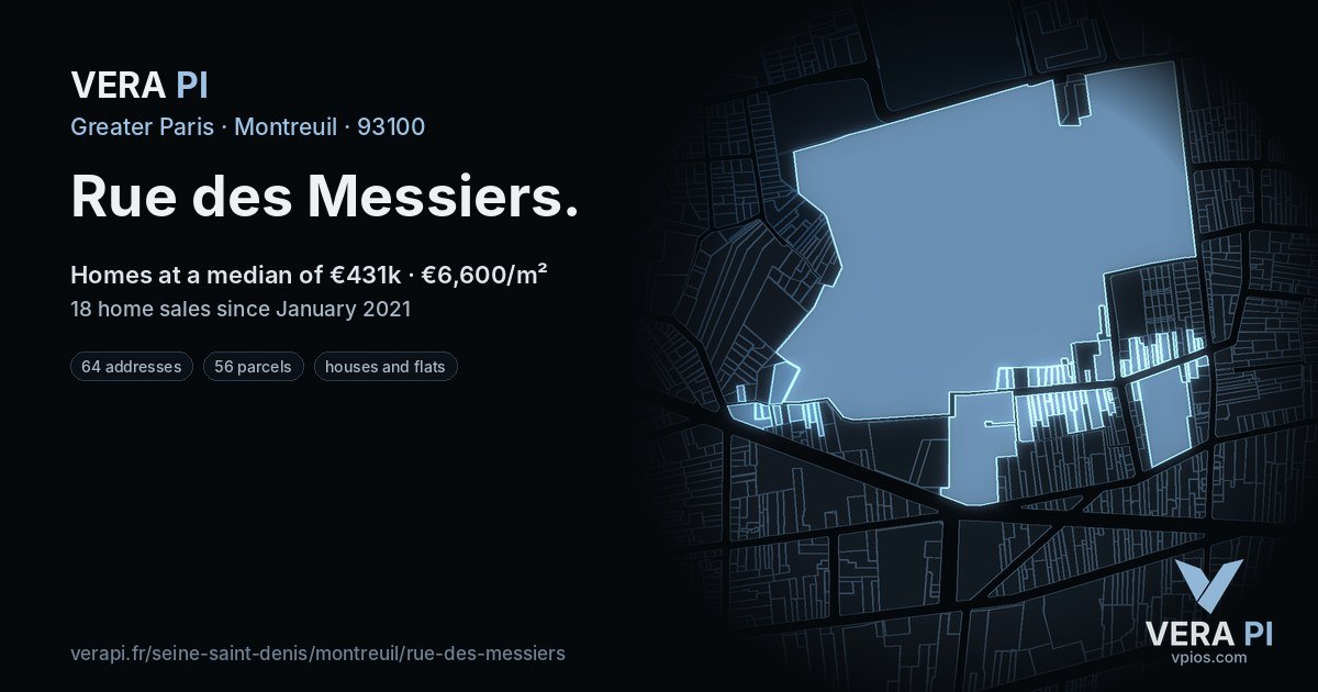 Rue des Messiers, Montreuil at night – every parcel coloured by the prices around it, the street's own parcels lit
