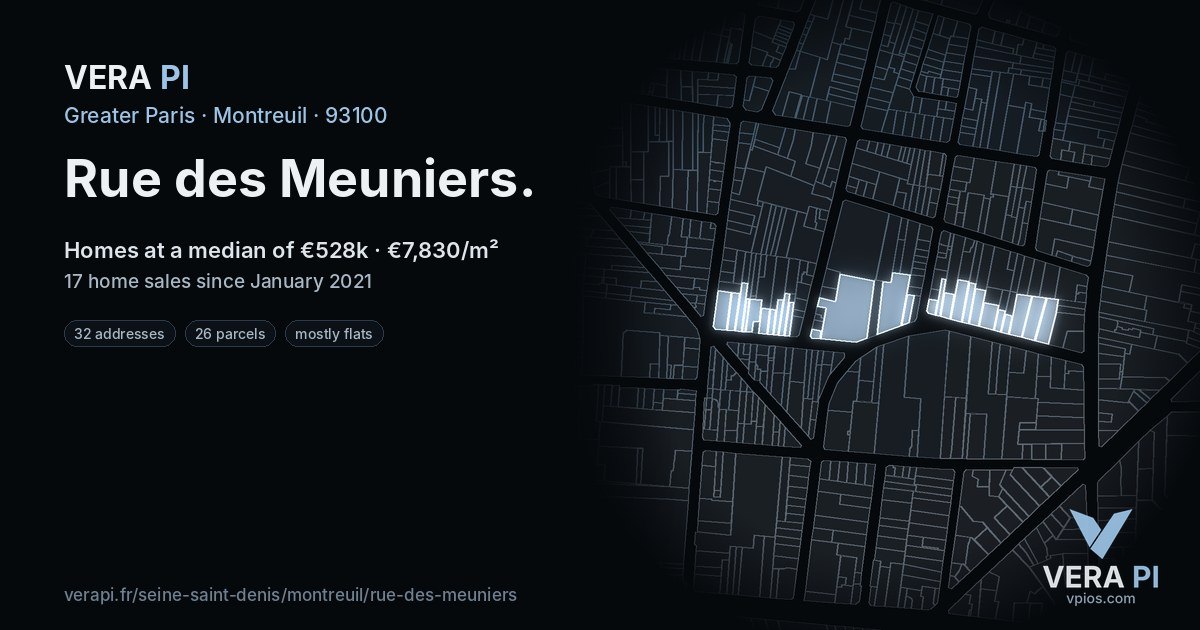 Rue des Meuniers, Montreuil at night – every parcel coloured by the prices around it, the street's own parcels lit