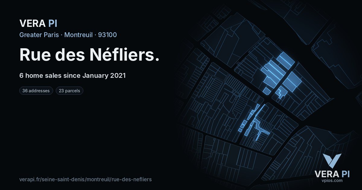 Rue des Néfliers, Montreuil at night – every parcel coloured by the prices around it, the street's own parcels lit