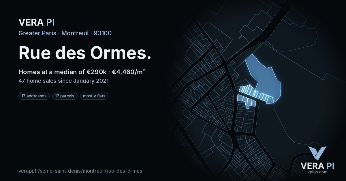 Rue des Ormes, Montreuil at night – every parcel coloured by the prices around it, the street's own parcels lit