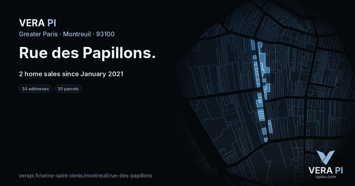 Rue des Papillons, Montreuil at night – every parcel coloured by the prices around it, the street's own parcels lit
