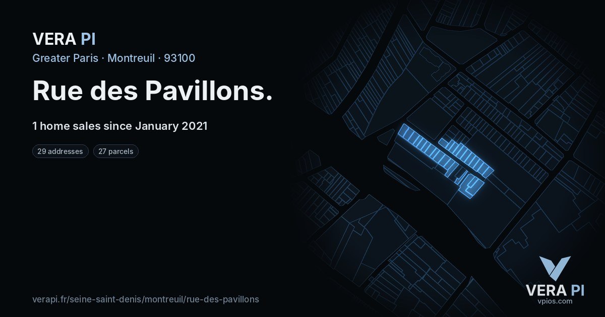 Rue des Pavillons, Montreuil at night – every parcel coloured by the prices around it, the street's own parcels lit