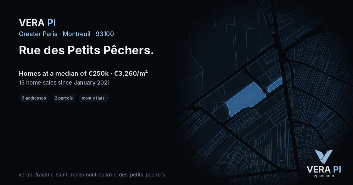 Rue des Petits Pêchers, Montreuil at night – every parcel coloured by the prices around it, the street's own parcels lit