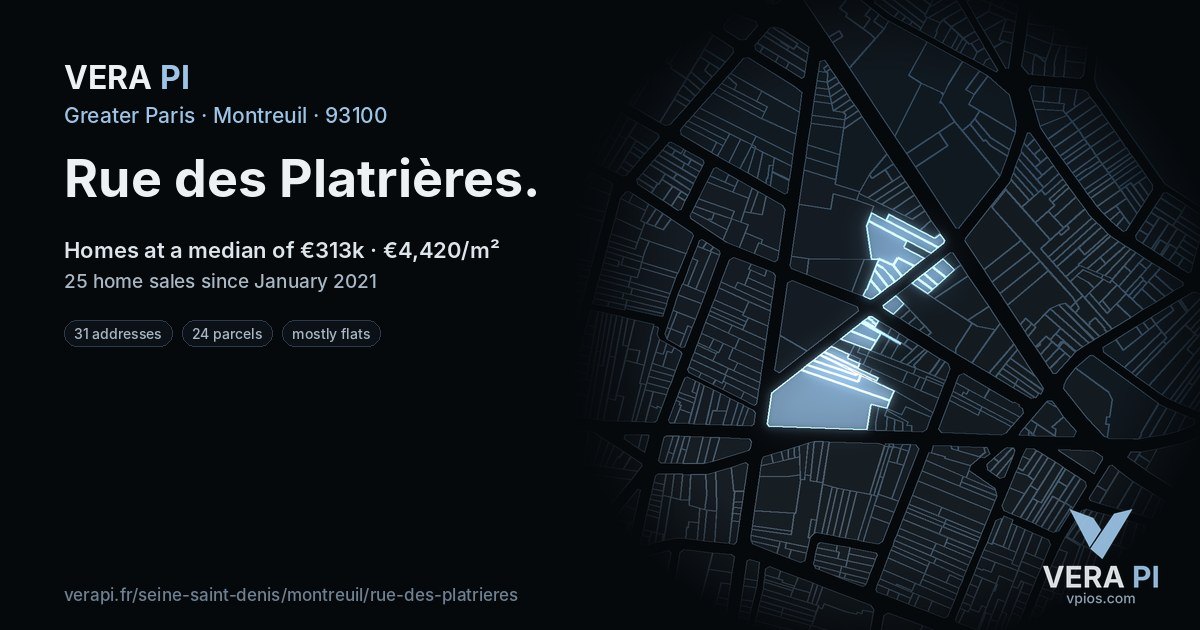 Rue des Platrières, Montreuil at night – every parcel coloured by the prices around it, the street's own parcels lit
