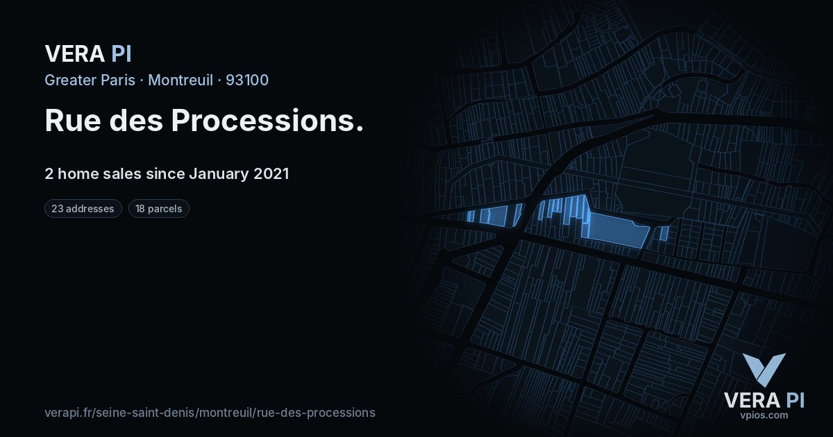 Rue des Processions, Montreuil at night – every parcel coloured by the prices around it, the street's own parcels lit