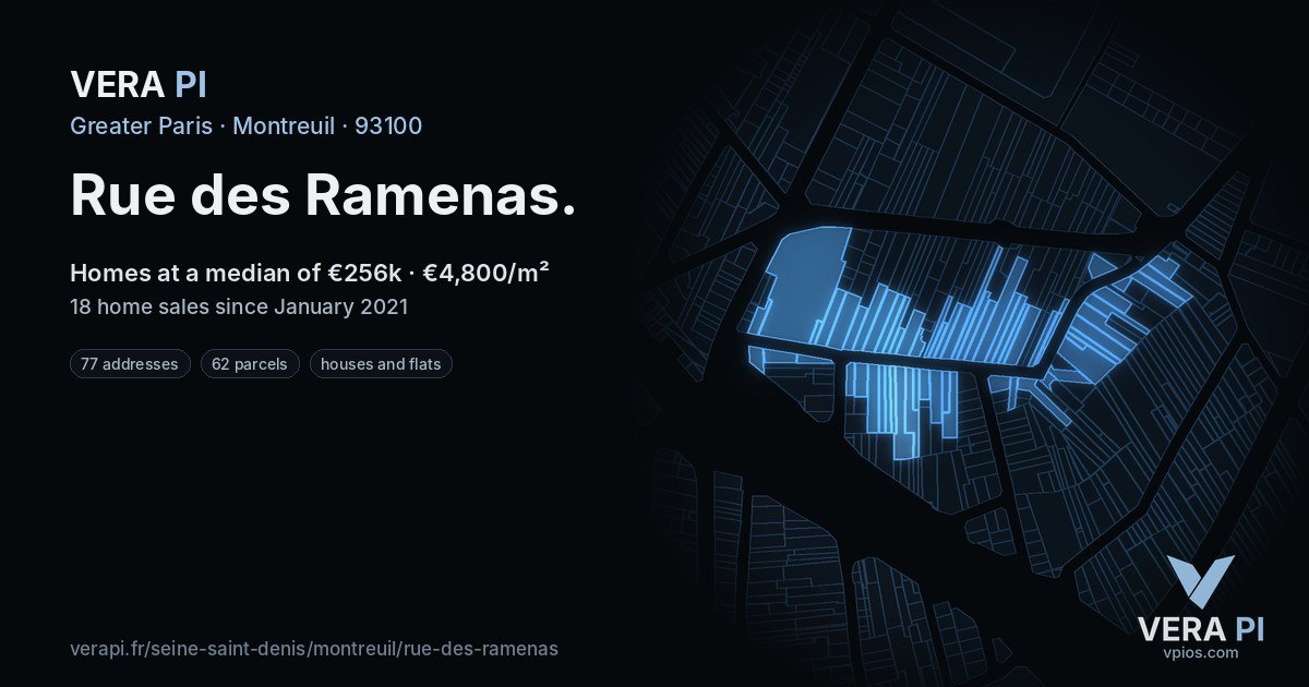 Rue des Ramenas, Montreuil at night – every parcel coloured by the prices around it, the street's own parcels lit
