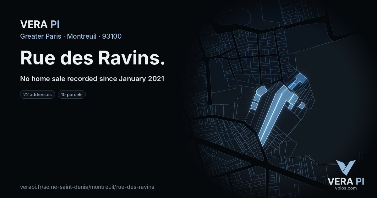 Rue des Ravins, Montreuil at night – every parcel coloured by the prices around it, the street's own parcels lit