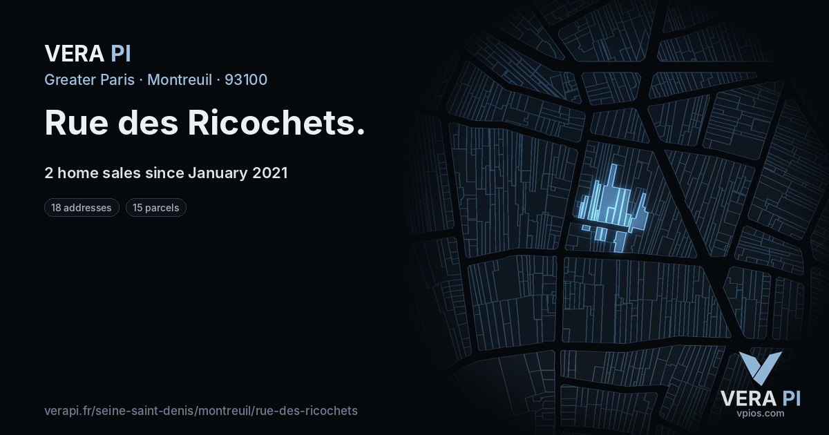 Rue des Ricochets, Montreuil at night – every parcel coloured by the prices around it, the street's own parcels lit