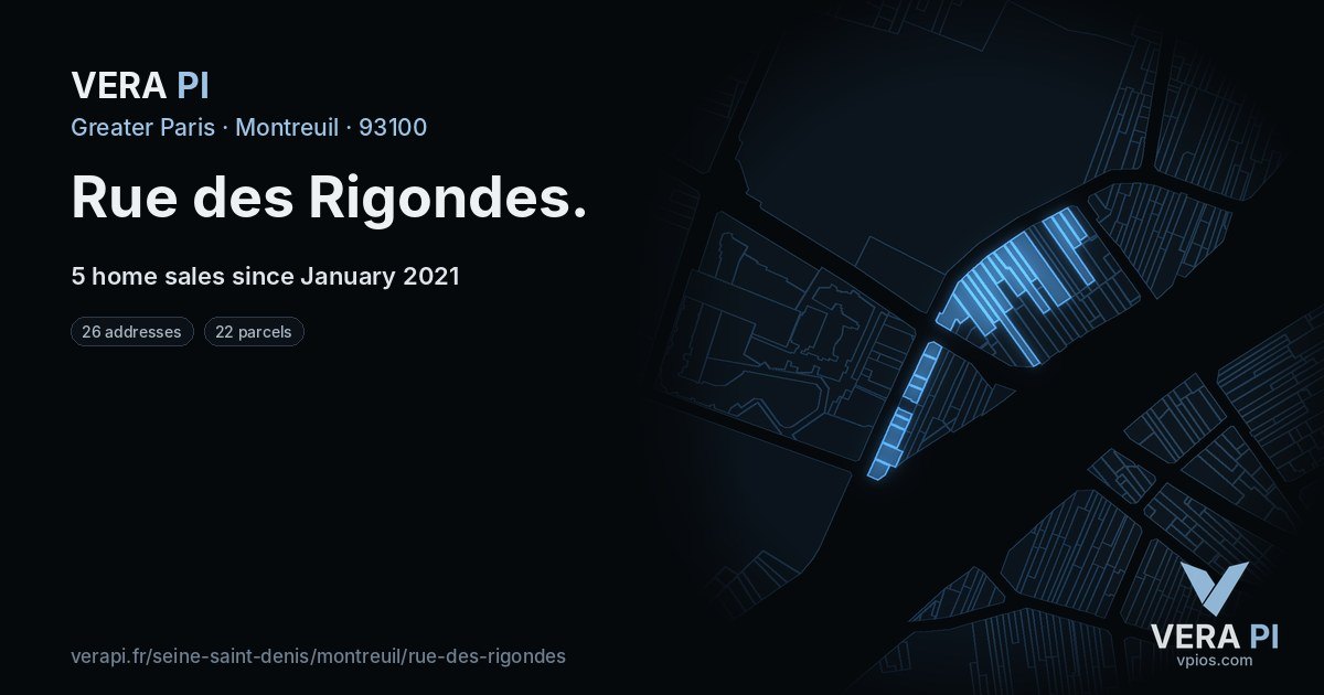 Rue des Rigondes, Montreuil at night – every parcel coloured by the prices around it, the street's own parcels lit