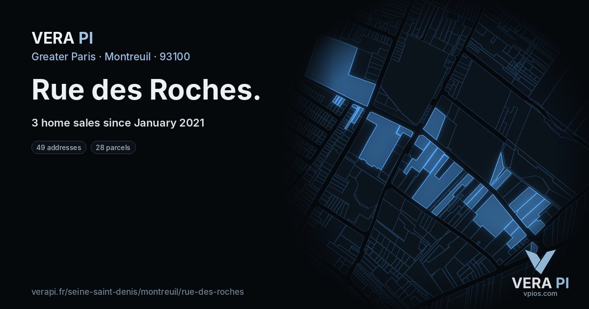 Rue des Roches, Montreuil at night – every parcel coloured by the prices around it, the street's own parcels lit