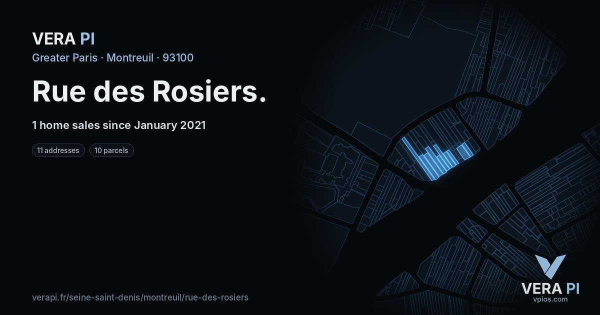 Rue des Rosiers, Montreuil at night – every parcel coloured by the prices around it, the street's own parcels lit
