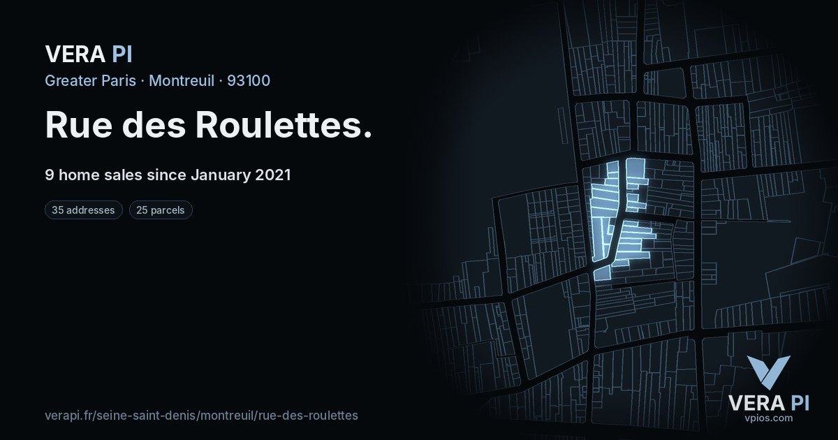 Rue des Roulettes, Montreuil at night – every parcel coloured by the prices around it, the street's own parcels lit