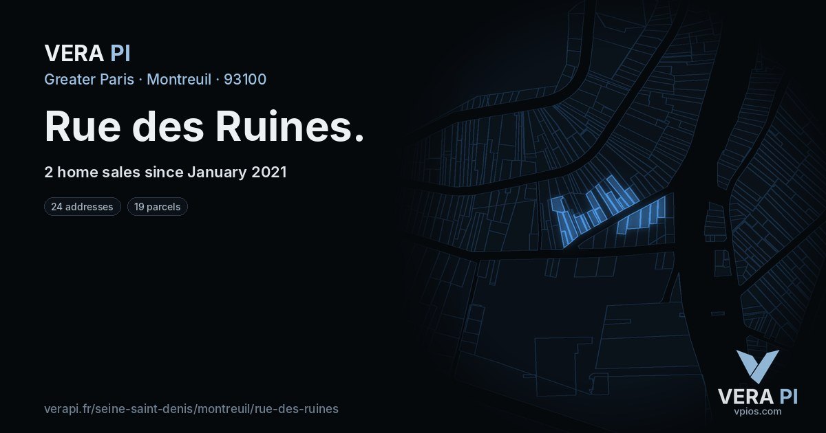 Rue des Ruines, Montreuil at night – every parcel coloured by the prices around it, the street's own parcels lit