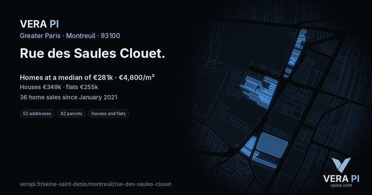 Rue des Saules Clouet, Montreuil at night – every parcel coloured by the prices around it, the street's own parcels lit
