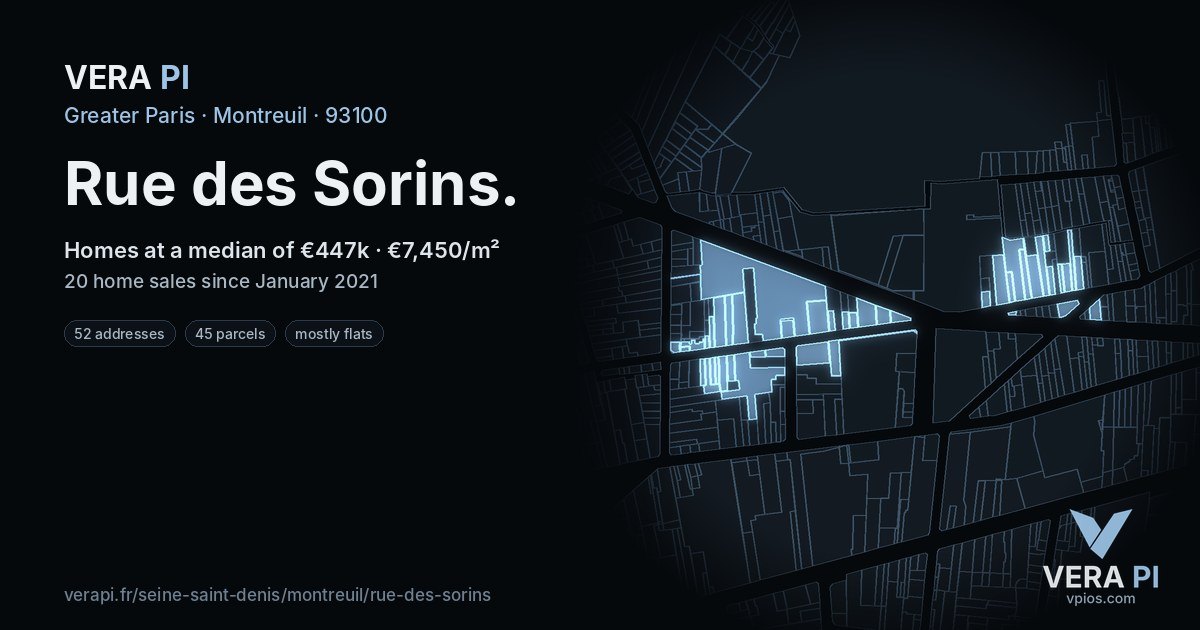 Rue des Sorins, Montreuil at night – every parcel coloured by the prices around it, the street's own parcels lit