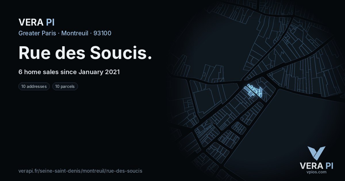 Rue des Soucis, Montreuil at night – every parcel coloured by the prices around it, the street's own parcels lit