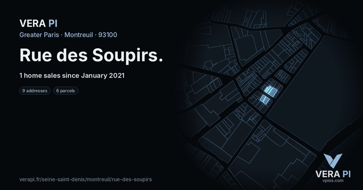 Rue des Soupirs, Montreuil at night – every parcel coloured by the prices around it, the street's own parcels lit