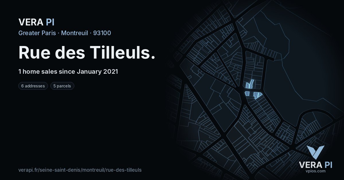 Rue des Tilleuls, Montreuil at night – every parcel coloured by the prices around it, the street's own parcels lit