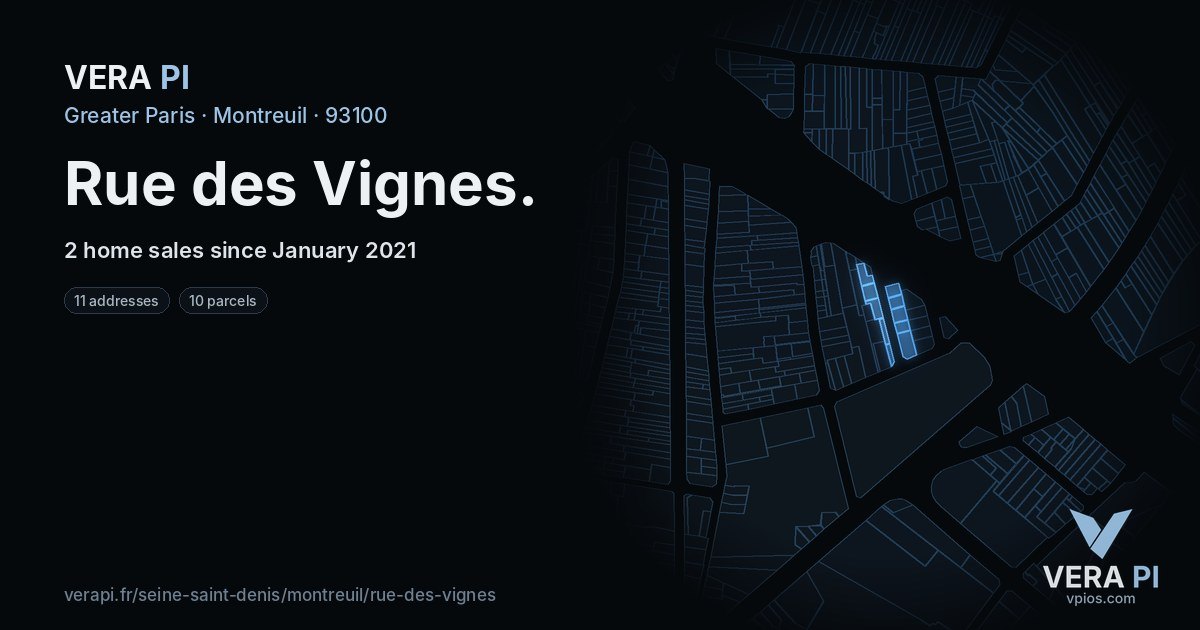 Rue des Vignes, Montreuil at night – every parcel coloured by the prices around it, the street's own parcels lit