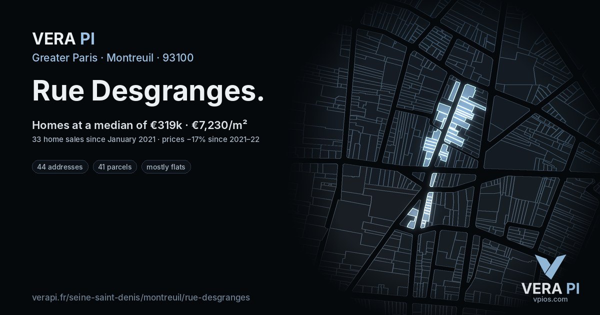 Rue Desgranges, Montreuil at night – every parcel coloured by the prices around it, the street's own parcels lit