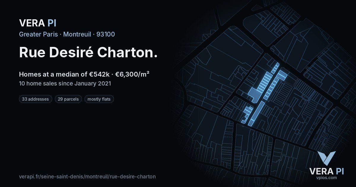 Rue Desiré Charton, Montreuil at night – every parcel coloured by the prices around it, the street's own parcels lit