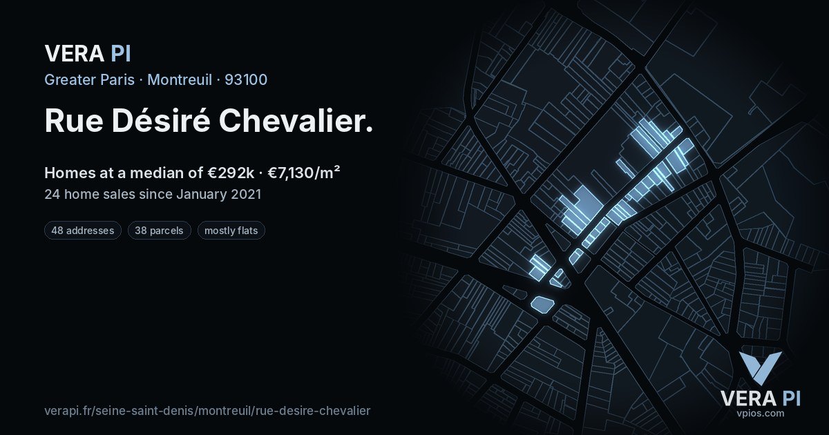 Rue Désiré Chevalier, Montreuil at night – every parcel coloured by the prices around it, the street's own parcels lit