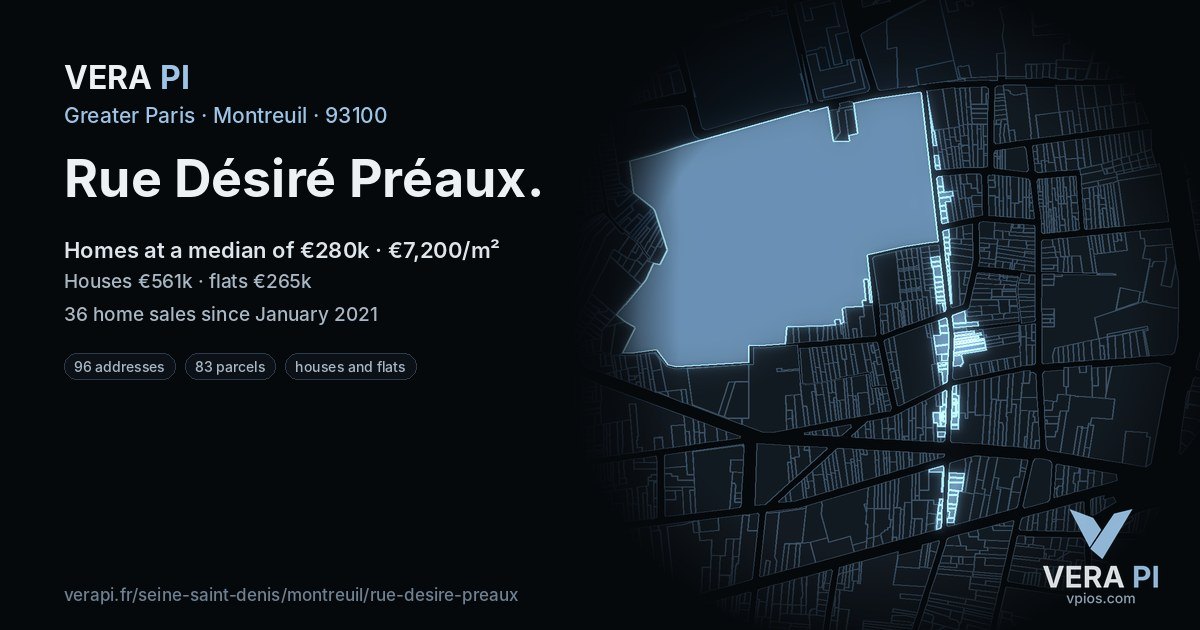 Rue Désiré Préaux, Montreuil at night – every parcel coloured by the prices around it, the street's own parcels lit