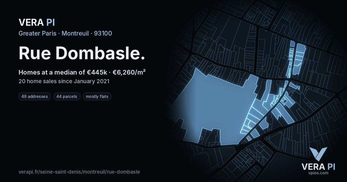Rue Dombasle, Montreuil at night – every parcel coloured by the prices around it, the street's own parcels lit