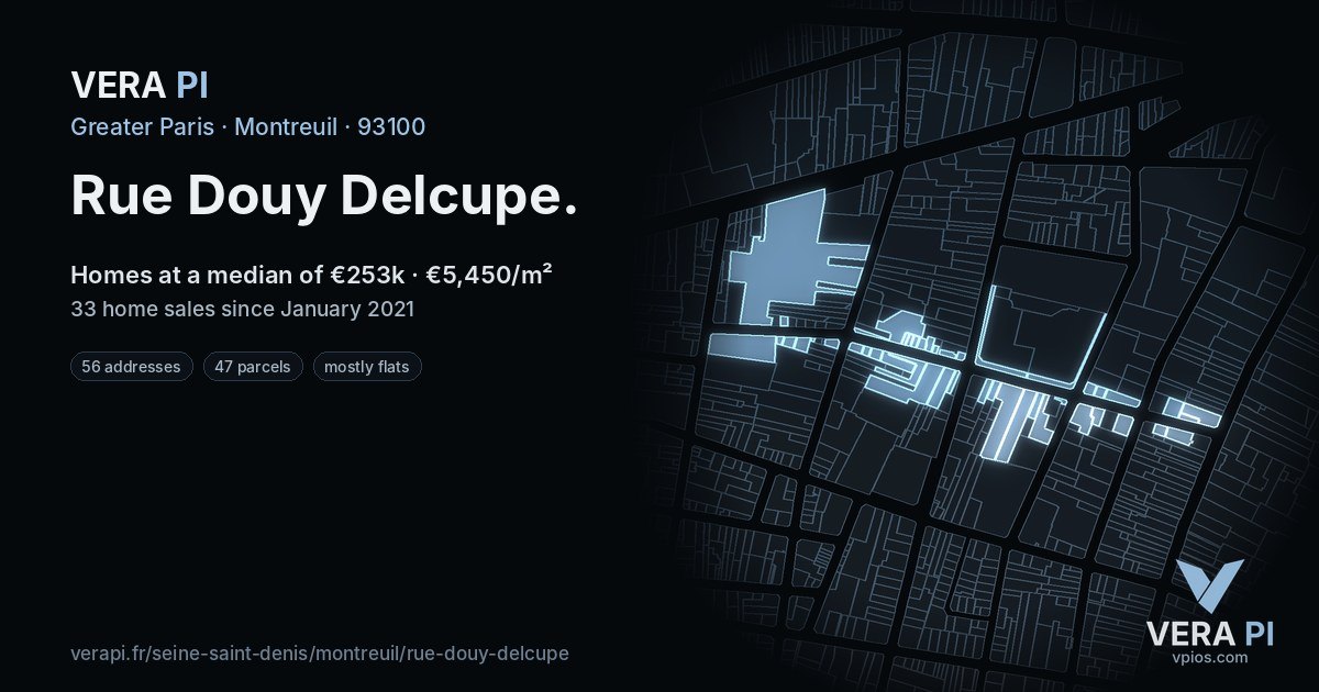 Rue Douy Delcupe, Montreuil at night – every parcel coloured by the prices around it, the street's own parcels lit