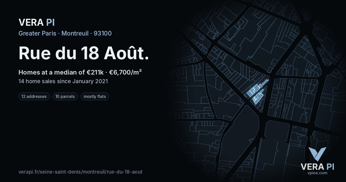 Rue du 18 Août, Montreuil at night – every parcel coloured by the prices around it, the street's own parcels lit