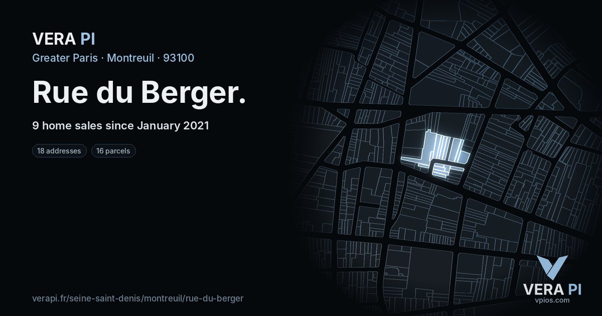 Rue du Berger, Montreuil at night – every parcel coloured by the prices around it, the street's own parcels lit