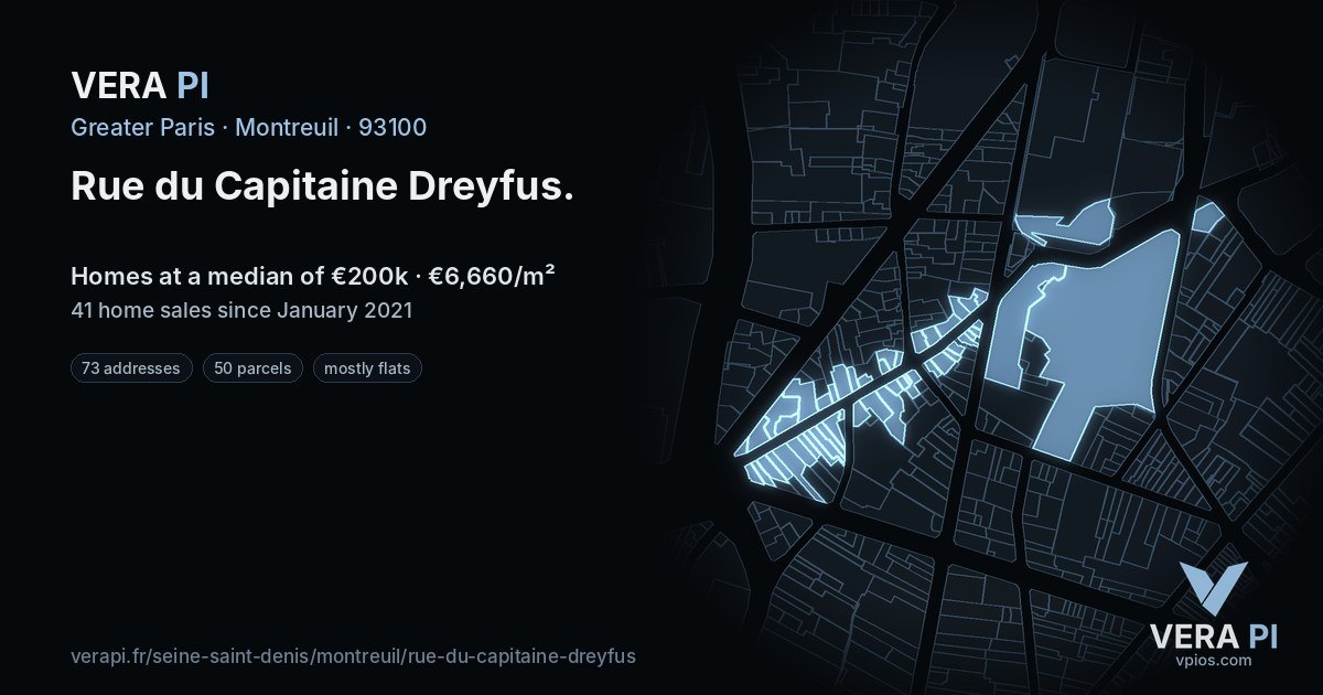Rue du Capitaine Dreyfus, Montreuil at night – every parcel coloured by the prices around it, the street's own parcels lit