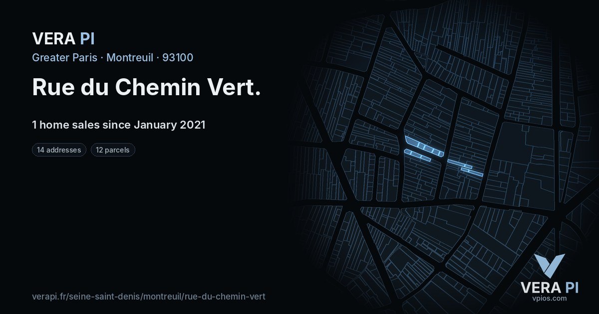 Rue du Chemin Vert, Montreuil at night – every parcel coloured by the prices around it, the street's own parcels lit