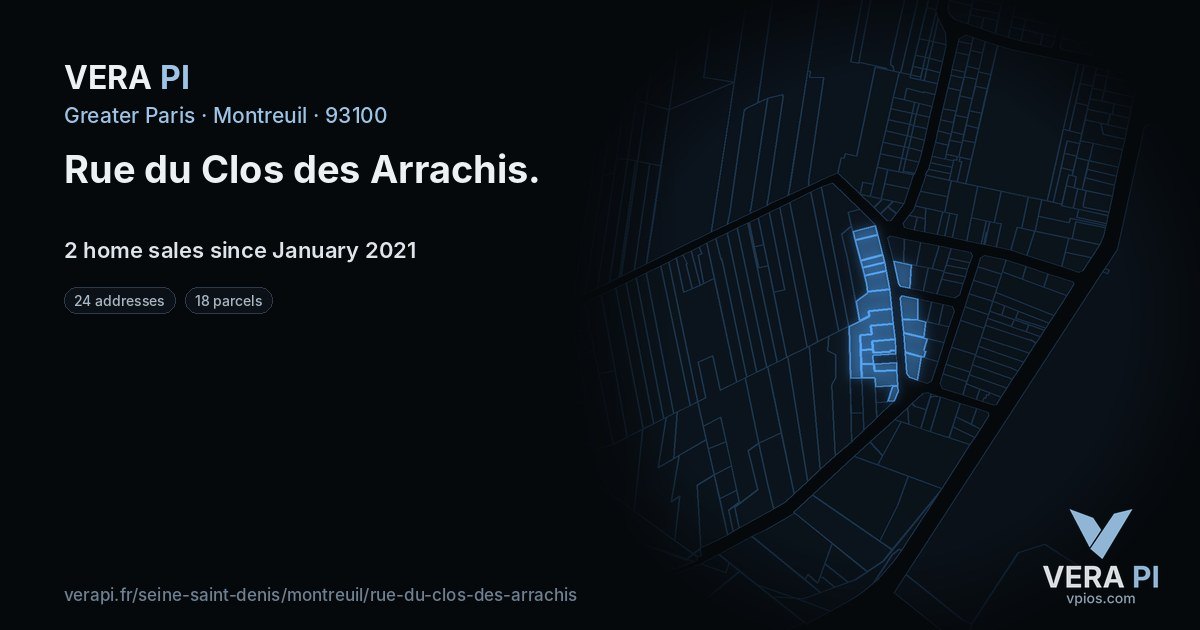 Rue du Clos des Arrachis, Montreuil at night – every parcel coloured by the prices around it, the street's own parcels lit