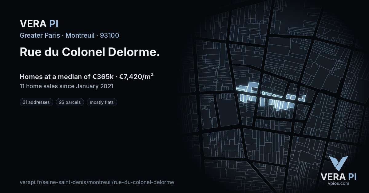 Rue du Colonel Delorme, Montreuil at night – every parcel coloured by the prices around it, the street's own parcels lit