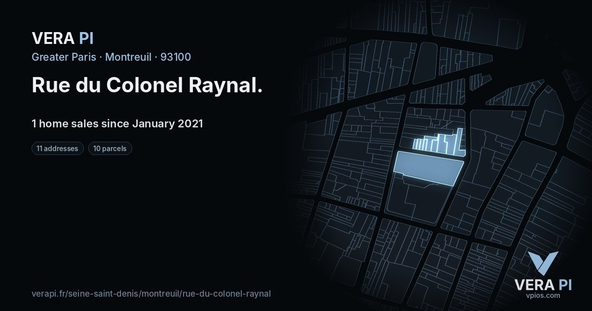 Rue du Colonel Raynal, Montreuil at night – every parcel coloured by the prices around it, the street's own parcels lit