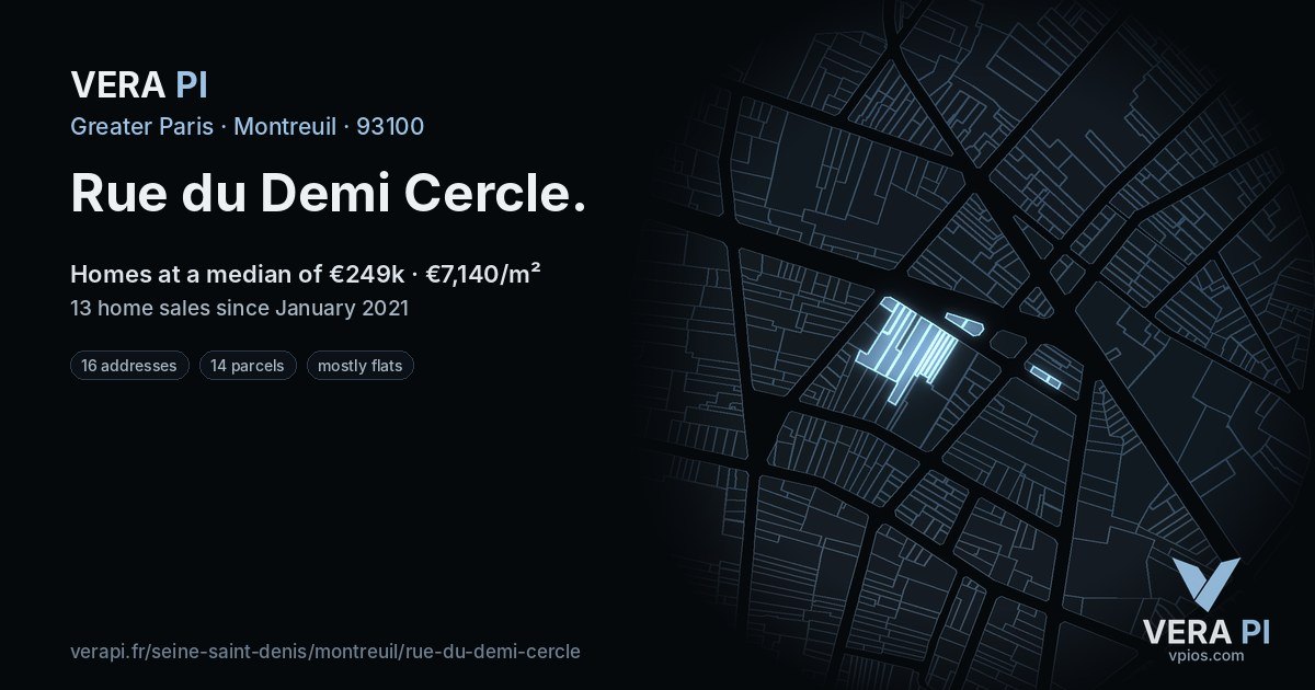 Rue du Demi Cercle, Montreuil at night – every parcel coloured by the prices around it, the street's own parcels lit