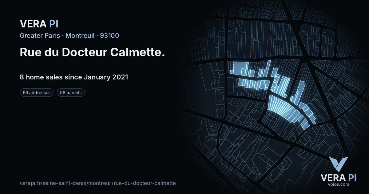 Rue du Docteur Calmette, Montreuil at night – every parcel coloured by the prices around it, the street's own parcels lit
