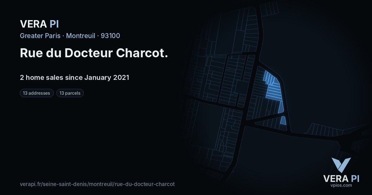 Rue du Docteur Charcot, Montreuil at night – every parcel coloured by the prices around it, the street's own parcels lit