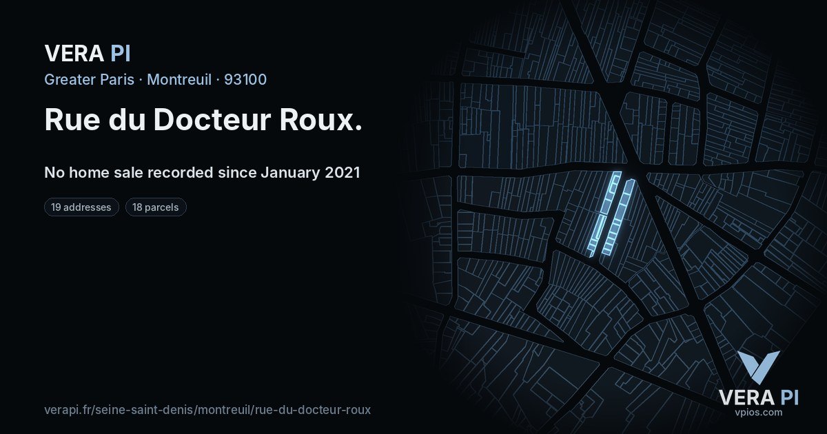 Rue du Docteur Roux, Montreuil at night – every parcel coloured by the prices around it, the street's own parcels lit