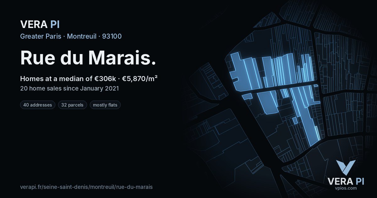Rue du Marais, Montreuil at night – every parcel coloured by the prices around it, the street's own parcels lit