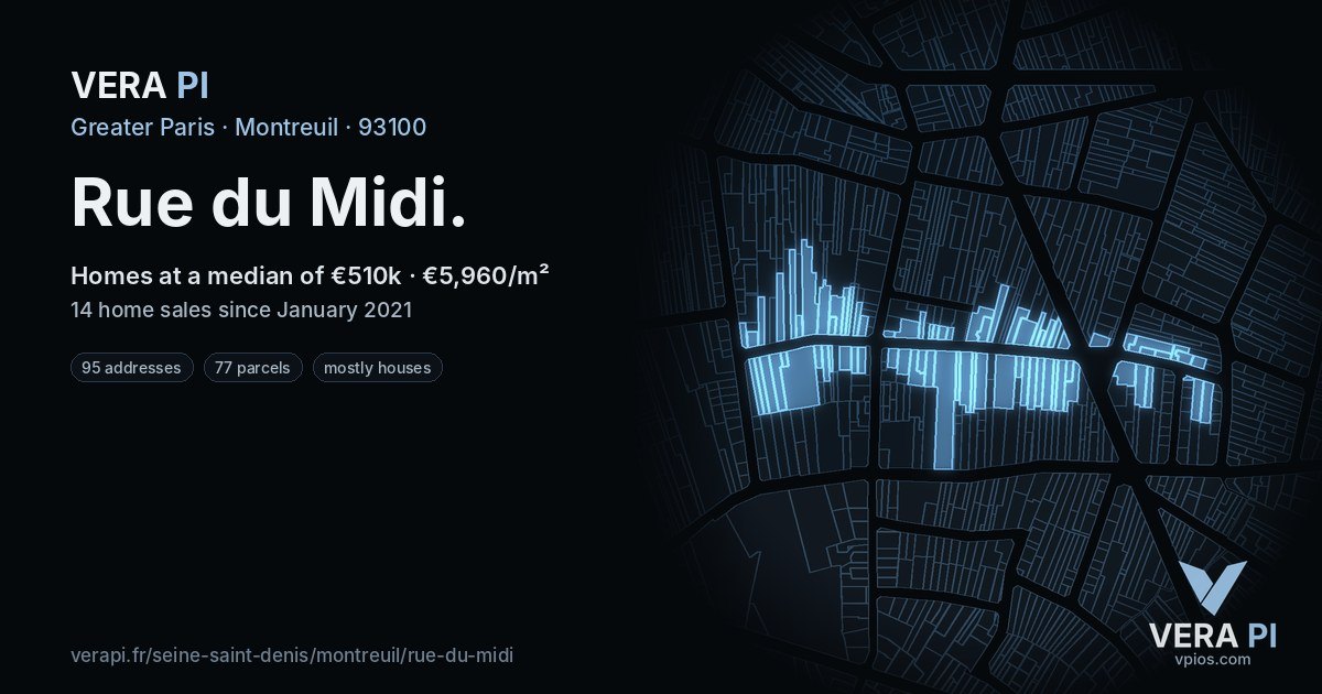 Rue du Midi, Montreuil at night – every parcel coloured by the prices around it, the street's own parcels lit
